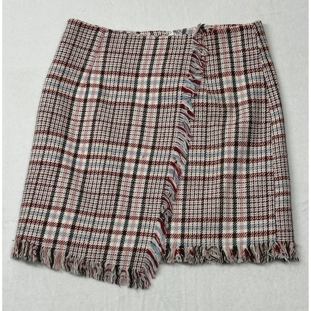 For all Seasons Plaid Mini Skirt Fringed Asymmetrical Hem